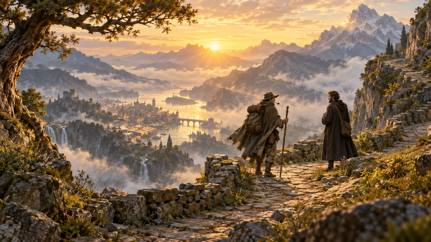 E.O.V. meeting the Adventurer on a mountain path at sunrise