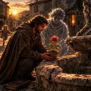 E.O.V. tending a red rose beside a mysterious luminous traveler
