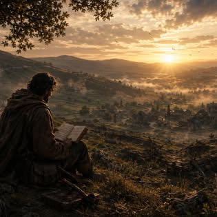 E.O.V. reading on a hillside above a valley at sunrise