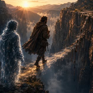 E.O.V. crossing a glowing path over a mountain chasm