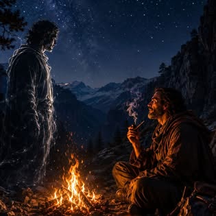 E.O.V. and a mysterious traveler talking beside a mountain campfire
