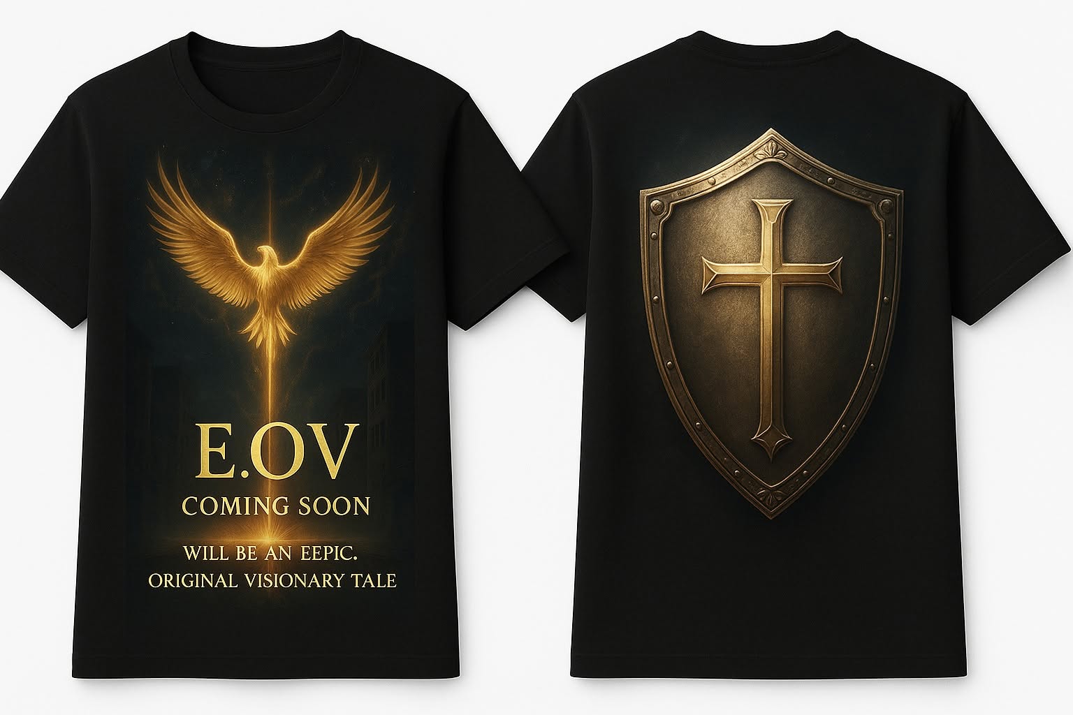 Front and back of the black E.O.V. shirt featuring a golden dove and a cross on a shield