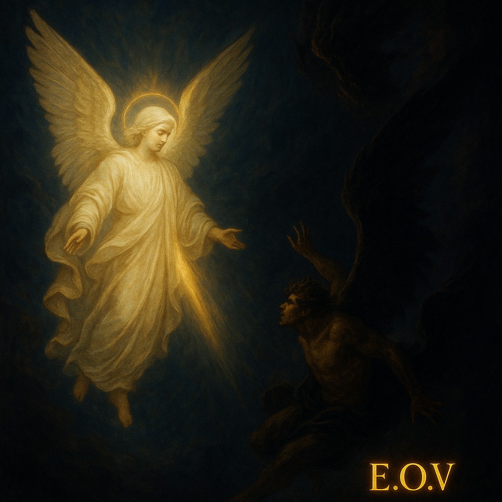 A luminous angel emerging from darkness