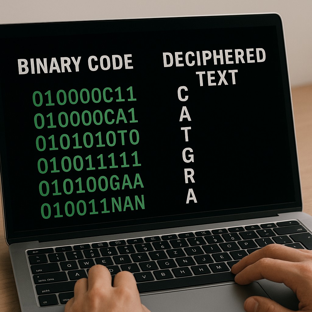 Binary code being deciphered on a laptop