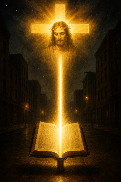 Christ appearing in a radiant cross above an open Bible