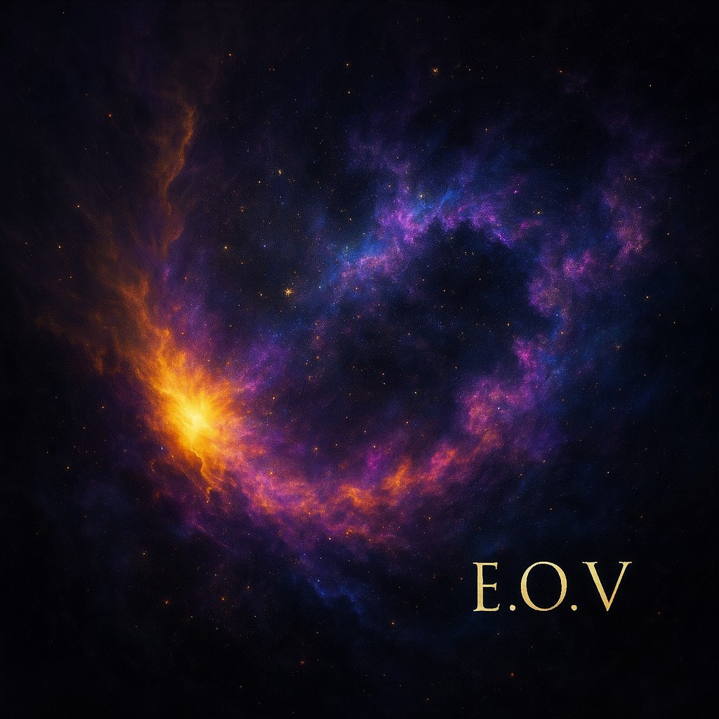 A colorful cosmic nebula carrying the E.O.V. name