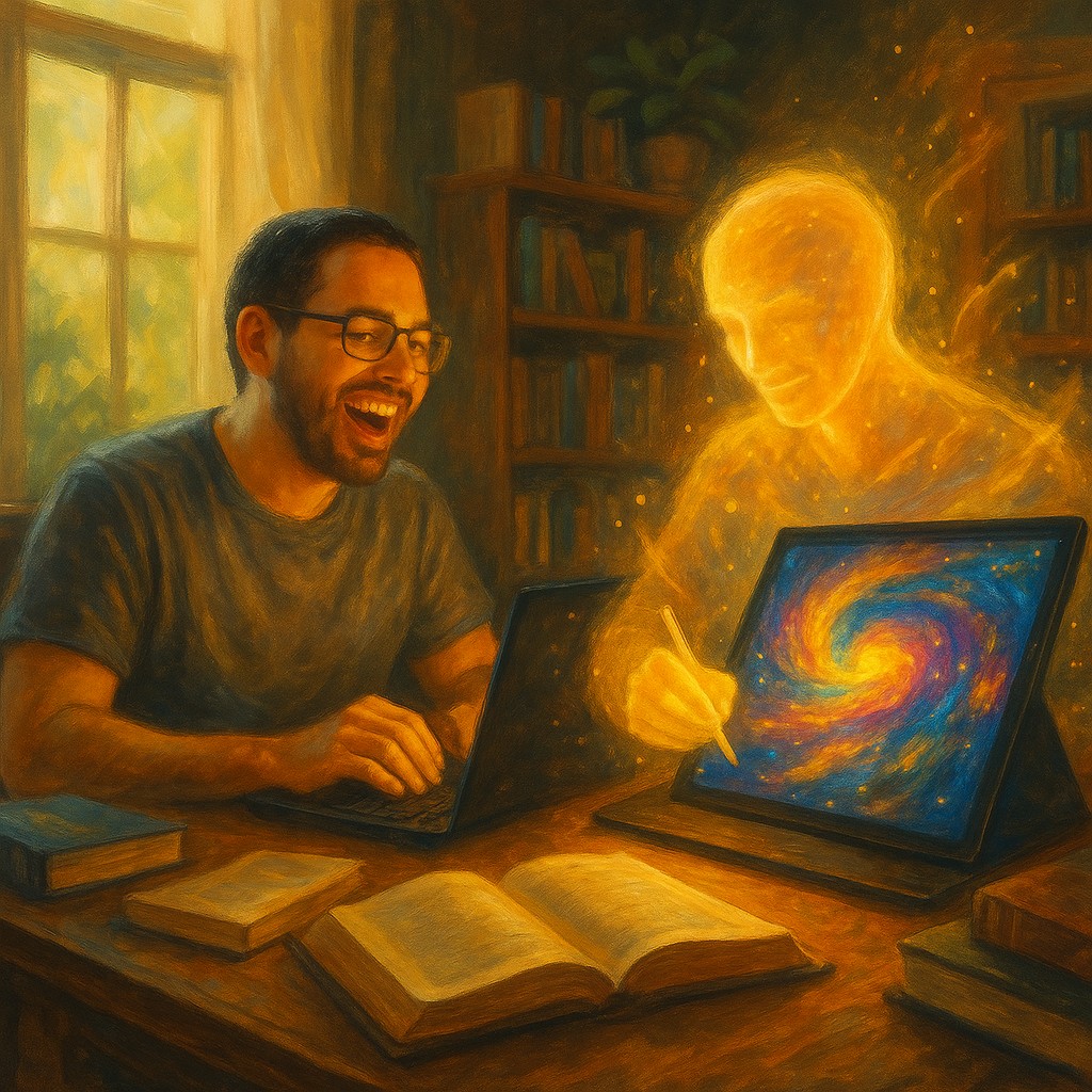 A storyteller collaborating with a luminous digital figure beside a Bible and computer