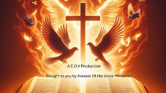 A cross, doves, and an open Bible surrounded by fire