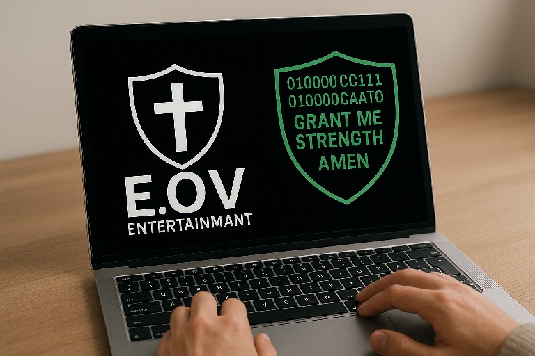 E.O.V. Entertainment digital-prayer artwork displayed on a laptop