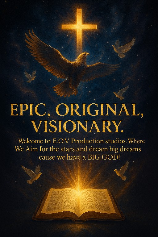E.O.V. Epic Original Visionary artwork with a cross, eagle, dove, and open Bible