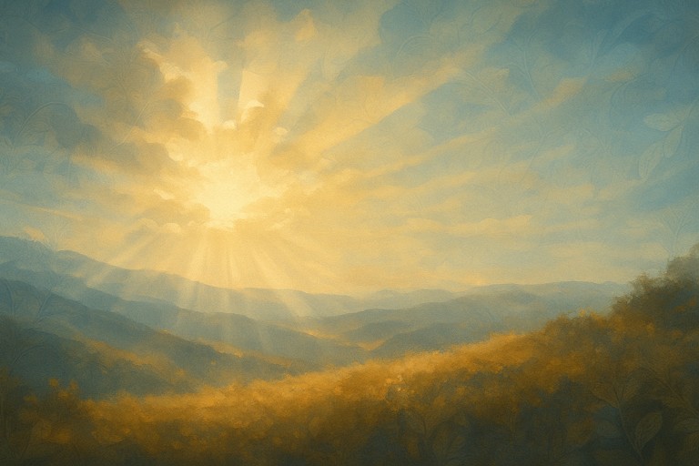 Sunlight pouring over distant mountain ridges