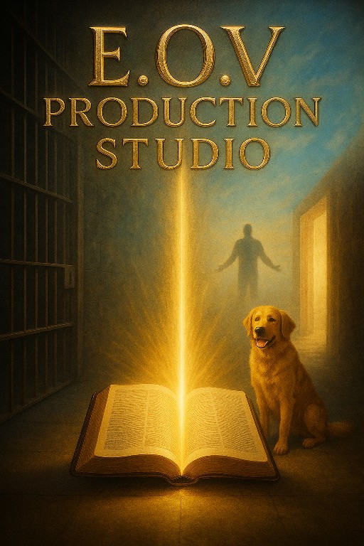 E.O.V. Production Studio artwork with an open Bible, a doorway, a traveler, and a dog