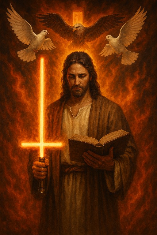 Christ holding a glowing cross like a sword while reading Scripture