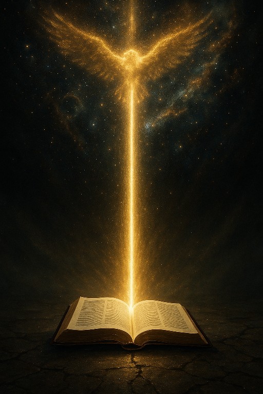 A golden dove rising from an illuminated Bible