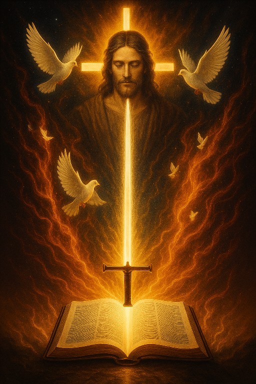Christ, doves, a cross, and an open Bible joined by golden light