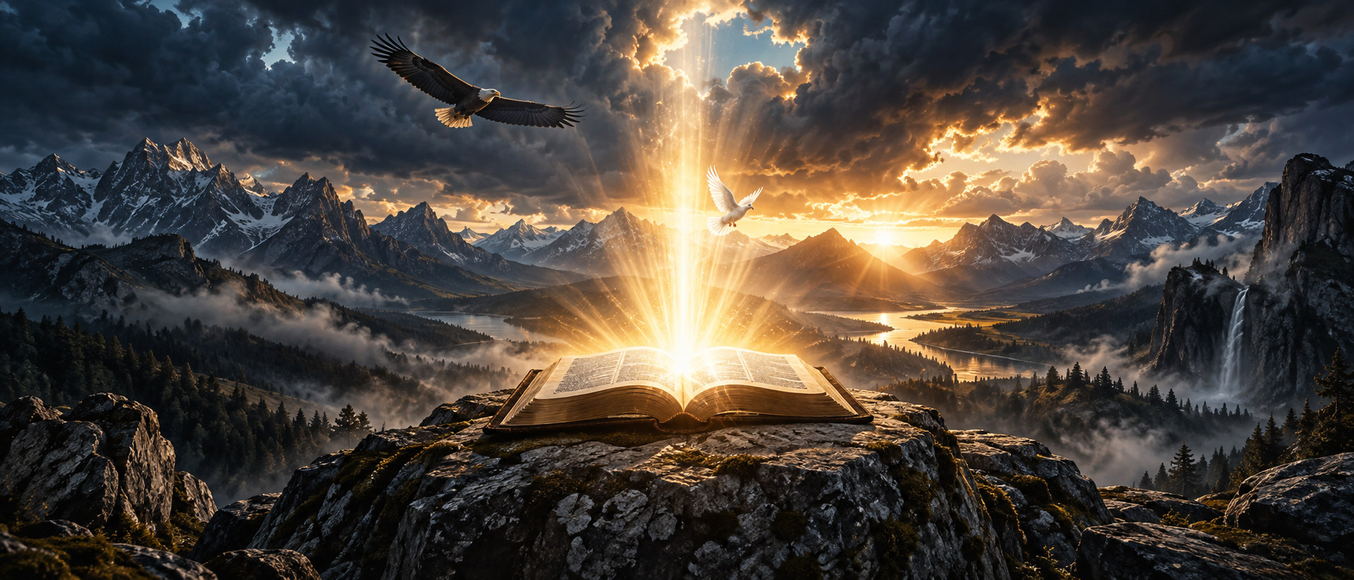 An open Bible shining over a mountain valley beneath an eagle and a dove